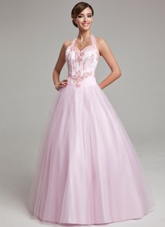 Ball-Gown Halter Floor-Length Tulle Quinceanera Dress With Lace Beading (021020615)