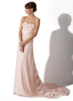 A-Line/Princess Sweetheart Court Train Chiffon Charmeuse Evening Dress With Ruffle (017026001)