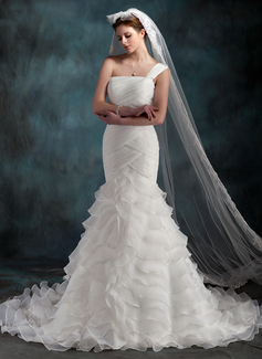 Mermaid One-Shoulder Chapel Train Organza Wedding Dress With Ruffle (002000623)