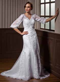 A-Line/Princess V-neck Court Train Satin Tulle Wedding Dress With Lace Beadwork (002011617)