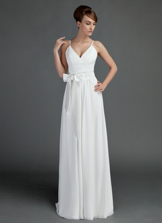 A-Line/Princess V-neck Floor-Length Chiffon Wedding Dress With Ruffle Sashes (002001337)