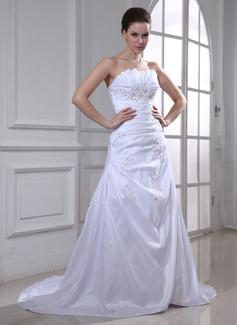A-Line/Princess Scalloped Neck Chapel Train Taffeta Wedding Dress With Ruffle Lace Beadwork Sequins (002011934)