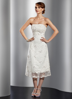 A-Line/Princess Strapless Tea-Length Satin Lace Cocktail Dress With Beading (016014741)