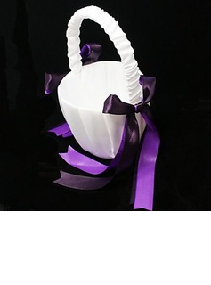 Flower Girl Basket In White Satin With Double Ribbon Bow(102018098)