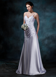 Sheath/Column V-neck Court Train Charmeuse Wedding Dress With Ruffle (002011641)