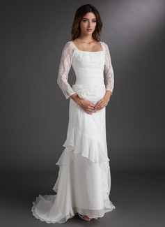 Vestidos princesa/ Formato A Decote quadrado Cauda vassoura Chiffon laço Vestido de Férias com Pregueado Bordado (020016837)