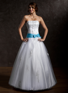 Ball-Gown Strapless Floor-Length Tulle Quinceanera Dress With Lace Sash Beading (021002291)
