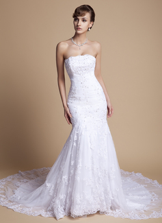 Mermaid Strapless Chapel Train Satin Lace Wedding Dress With Ruffle Beadwork (002000375)