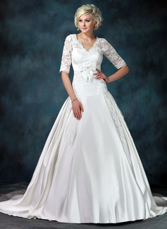 Ball-Gown V-neck Court Train Satin Tulle Wedding Dress With Ruffle Lace Sashes (002011615)