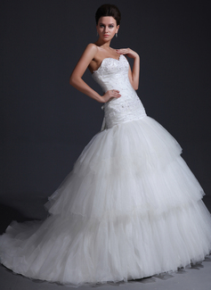 Stile sirena A cuore Coda a strascico cappella Raso Tulle Abiti per matrimonio con Increspature Pizzo Perline (002017356)