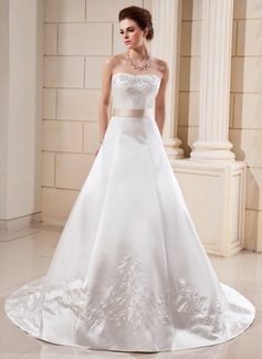 A-Line/Princess Sweetheart Cathedral Train Satin Wedding Dress With Embroidery Sashes Beadwork (002000099)