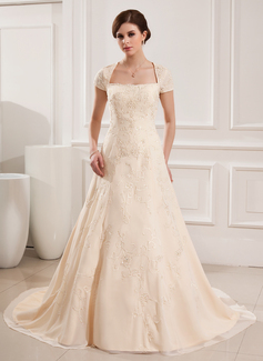 A-Line/Princess Square Neckline Court Train Chiffon Wedding Dress With Embroidery Beadwork (002019535)