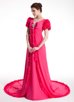A-Line/Princess V-neck Court Train Chiffon Prom Dress With Ruffle Beading (018018953)