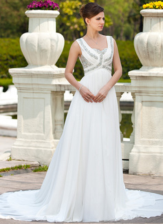A-Line/Princess Sweetheart Chapel Train Chiffon Wedding Dress With Ruffle Beadwork (002011673)