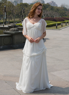 Imperium V-hals Sweep Brudeslep Chiffon Brudekjole med Frynse Blomst(er) (002024596)