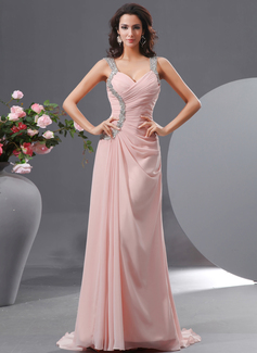 Etui-Linie Herzausschnitt Pinsel-Schleppe Chiffon Abendkleid mit Rüschen Perlen verziert (017022730)