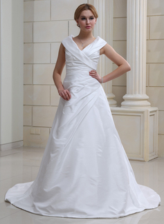 A-Line/Princess Off-the-Shoulder Court Train Taffeta Wedding Dress With Ruffle (002012105)