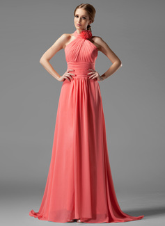 A-Line/Princess Halter Sweep Train Chiffon Bridesmaid Dress With Ruffle Flower(s) (007004138)