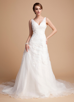 A-Line/Principessa Scollatura a V Coda a strascico cappella Organza raso Abito per matrimonio con Increspature Pizzo Perline (002000378)
