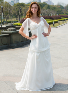Empire V-neck Sweep Train Chiffon Wedding Dress With Ruffle Flower(s) (002024596)