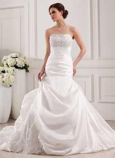 Mermaid Strapless Chapel Train Taffeta Lace Wedding Dress With Beadwork (002019537)