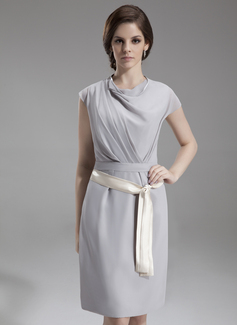 Sheath Cowl Neck Knee-Length Chiffon Kate Middleton Style With Ruffle Sash (044007573)