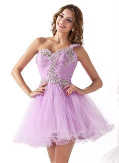 A-Line/Princess One-Shoulder Short/Mini Tulle Homecoming Dress With Ruffle Lace Sequins (022020900)