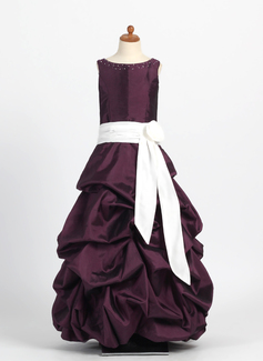 A-Line/Princess Scoop Neck Floor-Length Taffeta Junior Bridesmaid Dress With Ruffle Sash Flower(s) (009022456)