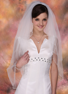 Fingertip Veils Tulle Two-tier Pearl Trim Edge Wedding Veils With Angel Cut/Waterfall (006020349)