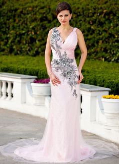 Sheath V-neck Court Train Satin Tulle Lace Evening Dress With Ruffle Beading Appliques (017017399)