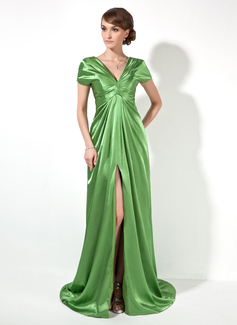 Empire V-neck Court Train Charmeuse Evening Dress With Ruffle (017022522)
