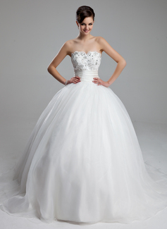 Ball-Gown Sweetheart Court Train Satin Tulle Wedding Dress With Ruffle Lace Beadwork (002011973)