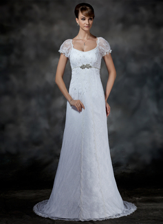 Empire Scoop Neck Sweep Train Satin Lace Wedding Dress With Beadwork (002000214)