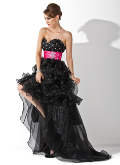 A-Linie/Princess-Linie Herzausschnitt Asymmetrisch Organza Satin Ballkleid mit Rüschen Schärpe Perlen verziert (018021095)