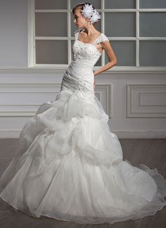 Stile sirena A cuore Coda a strascico cappella Organza Raso Abiti per matrimonio con Increspature Pizzo Perline A paillette (002004534)