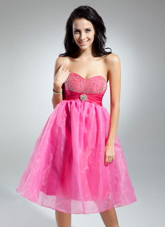Empire Sweetheart Knee-Length Organza Charmeuse Cocktail Dress With Ruffle Beading Crystal Brooch (016014923)