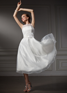 A-Line/Princess Scoop Neck Tea-Length Organza Satin Wedding Dress With Sashes Flower(s) (002021079)