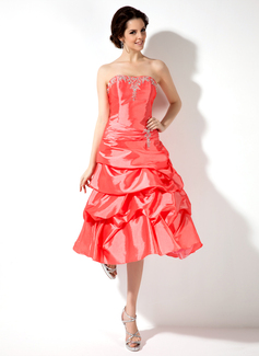 A-Line/Princess Sweetheart Tea-Length Taffeta Homecoming Dress With Embroidered Ruffle Beading (022022501)
