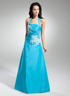 A-Line/Princess Halter Floor-Length Taffeta Prom Dress With Embroidered Ruffle (018014957)