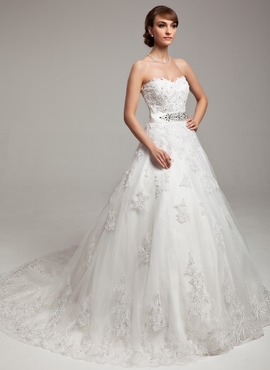 Ball-Gown Sweetheart Court Train Satin Tulle Wedding Dress With Lace Beadwork (002017538)