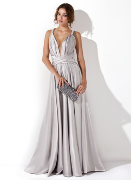A-Line/Princess V-neck Floor-Length Charmeuse Evening Dress With Ruffle (017020657)