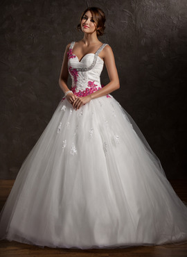 Ball-Gown Sweetheart Chapel Train Satin Tulle Wedding Dress With Ruffle Lace Sashes Appliques (002011413)