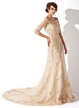 Sheath/Column Off-the-Shoulder Court Train Satin Tulle Wedding Dress With Lace (002011393)