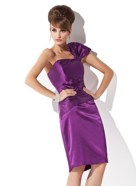 Sheath One-Shoulder Knee-Length Charmeuse Cocktail Dress With Ruffle (016005836)