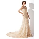 Tubo/ Coluna Sem o ombro Cauda corte Cetim Tule Vestidos de noiva com Renda (002011393)