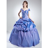 De baile Sem o ombro Vestidos longo Tafetá Vestido quinceanera com Pregueado Bordado (021016022)