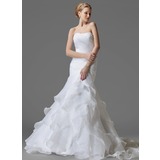 Mermaid One-Shoulder Court Train Organza Satin Wedding Dress With Ruffle Beadwork Flower(s) (002004150)