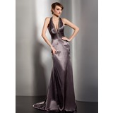 Sheath Halter Court Train Charmeuse Evening Dress With Ruffle Beading (017014538)