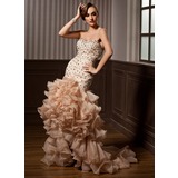 Mermaid Sweetheart Court Train Organza Satin Prom Dress With Beading (018021096)
