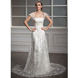 Sheath/Column Square Neckline Chapel Train Satin Lace Wedding Dress With Ruffle Beadwork Sequins (002004755)